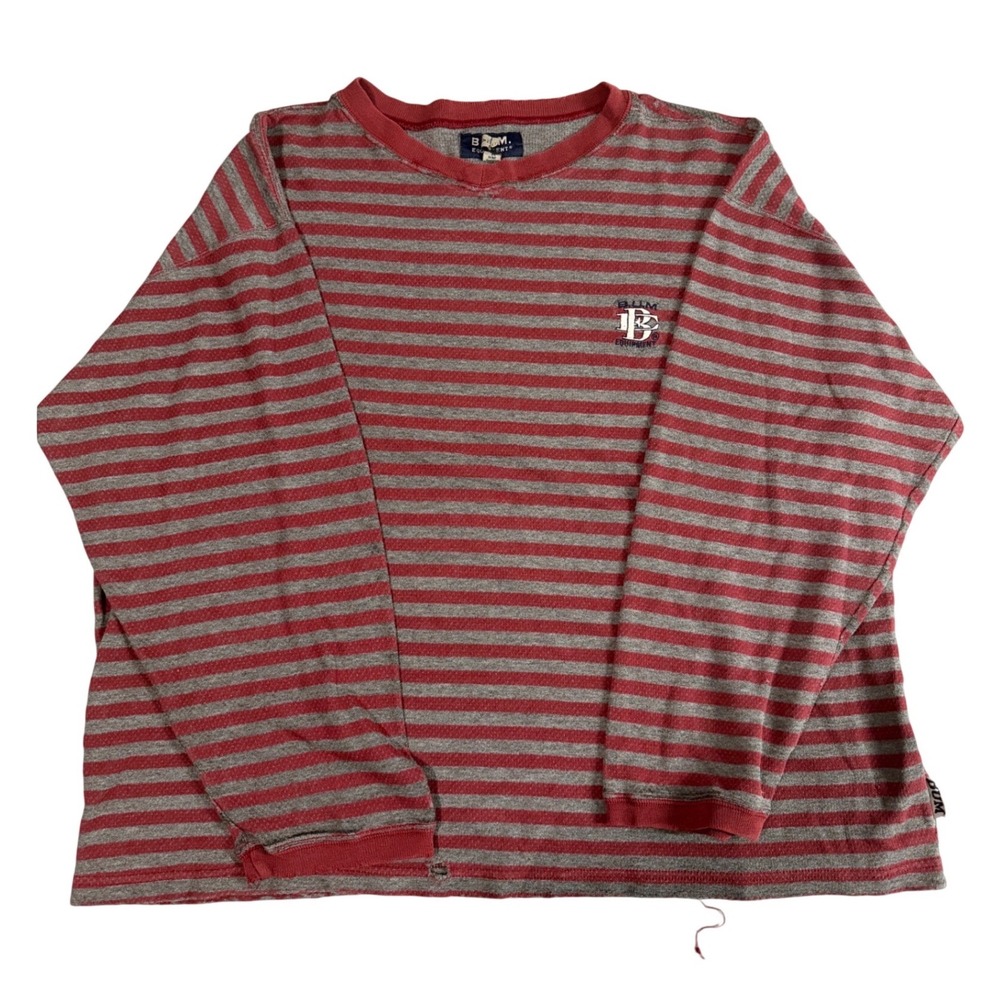 Vintage B.U.M. Equipment Striped Long Sleeve Shirt Red Grey Distressed Mens XL